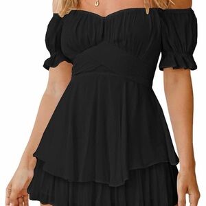 Trendy boutique Black Off-Shoulder Tiered Mini Dress